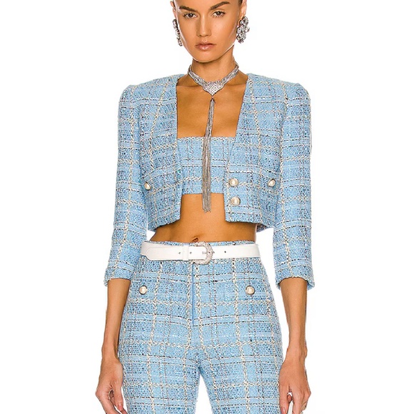 ALESSANDRA RICH light blue Checked Tweed Cropped Jacket size 0 *LIKE NEW - Picture 13 of 16